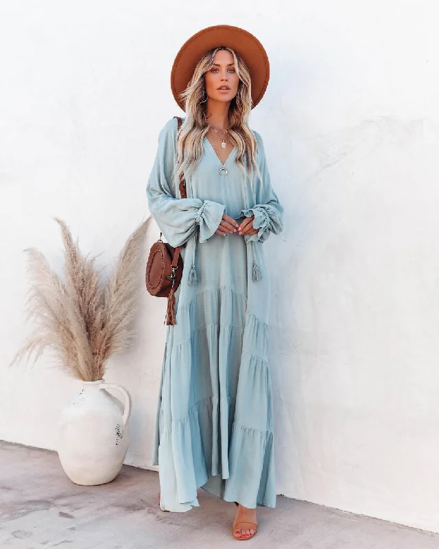 Bowdan Tiered Boho Maxi Dress - Soft Blue