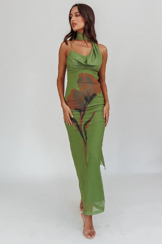 No Surprises Scarfed Floral Maxi Dress Green