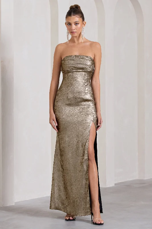 Showstopper | Gold Metallic Strapless Open-Back Split Maxi Dress