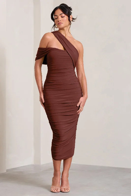 Cici | Brown Asymmetric One Shoulder Ruched Midi Dress