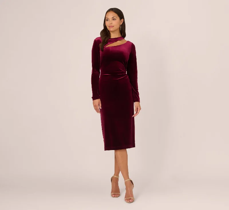 Long Sleeve Velvet Dress With Asymmetric Cutout Neckline In Burgundy