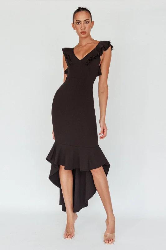 Pearl Ruffle Strap High-Low Hem Dress Black