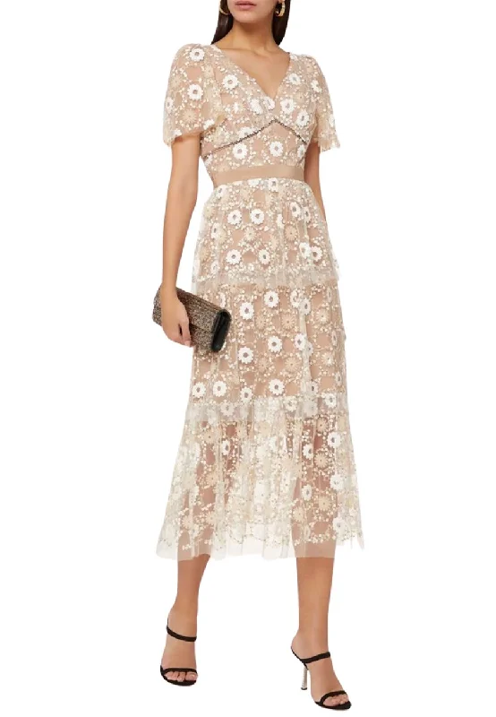 Beige Sequins Flowers Puff Sleeves Midi Dress