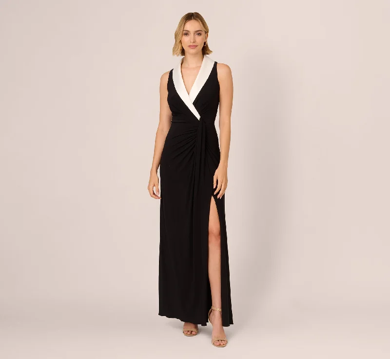 Shawl Collar Jersey Gown In Black Ivory