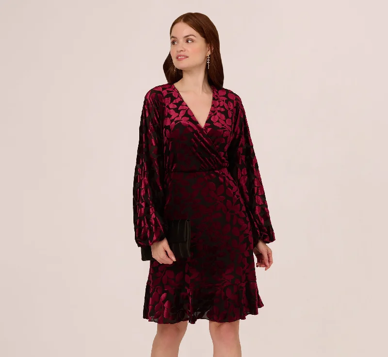 Velvet Burnout Faux Wrap Dress With Long Bishop Sleeves In Burgundy Black