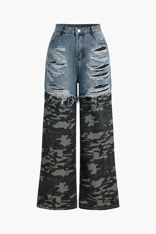 Camo Print Denim Patchwork Jeans