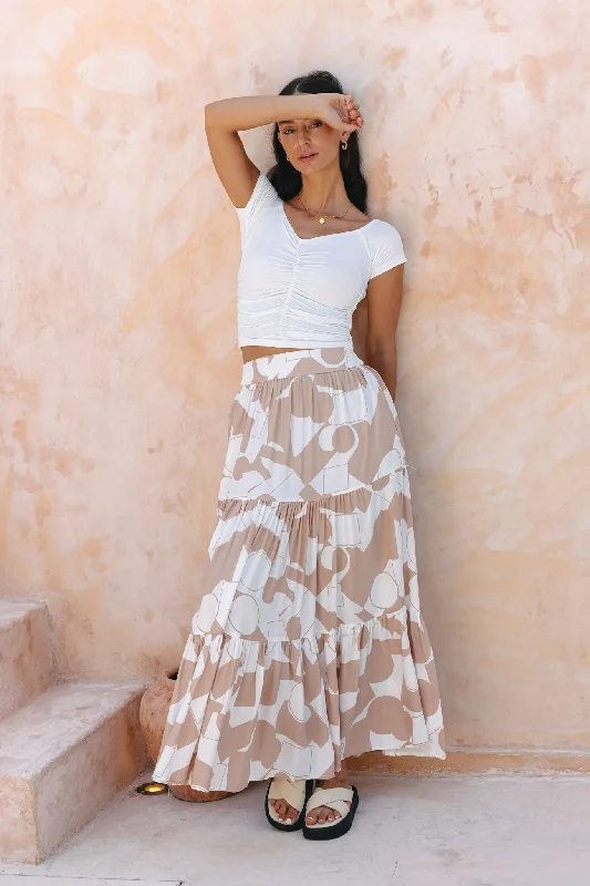 Rhiona Beige Geometric Tiered Maxi Skirt