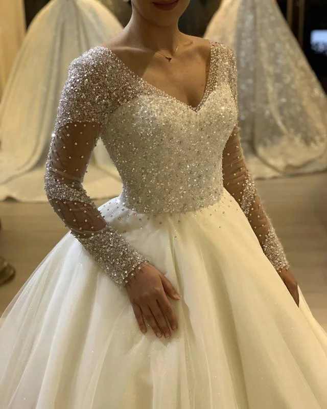 V Neck Tulle Princess Ball Gown Wedding Dress Long Sleeves Sequins Beaded