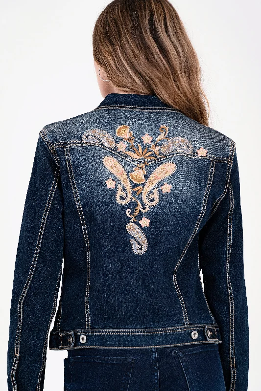 Floral Embroidery Dark Blue Denim Jacket