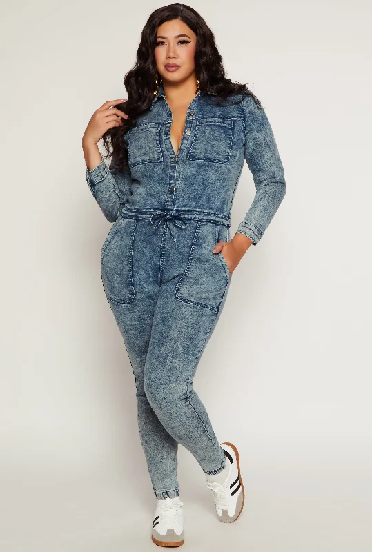 Plus Size Acid Wash Denim Jumpsuit