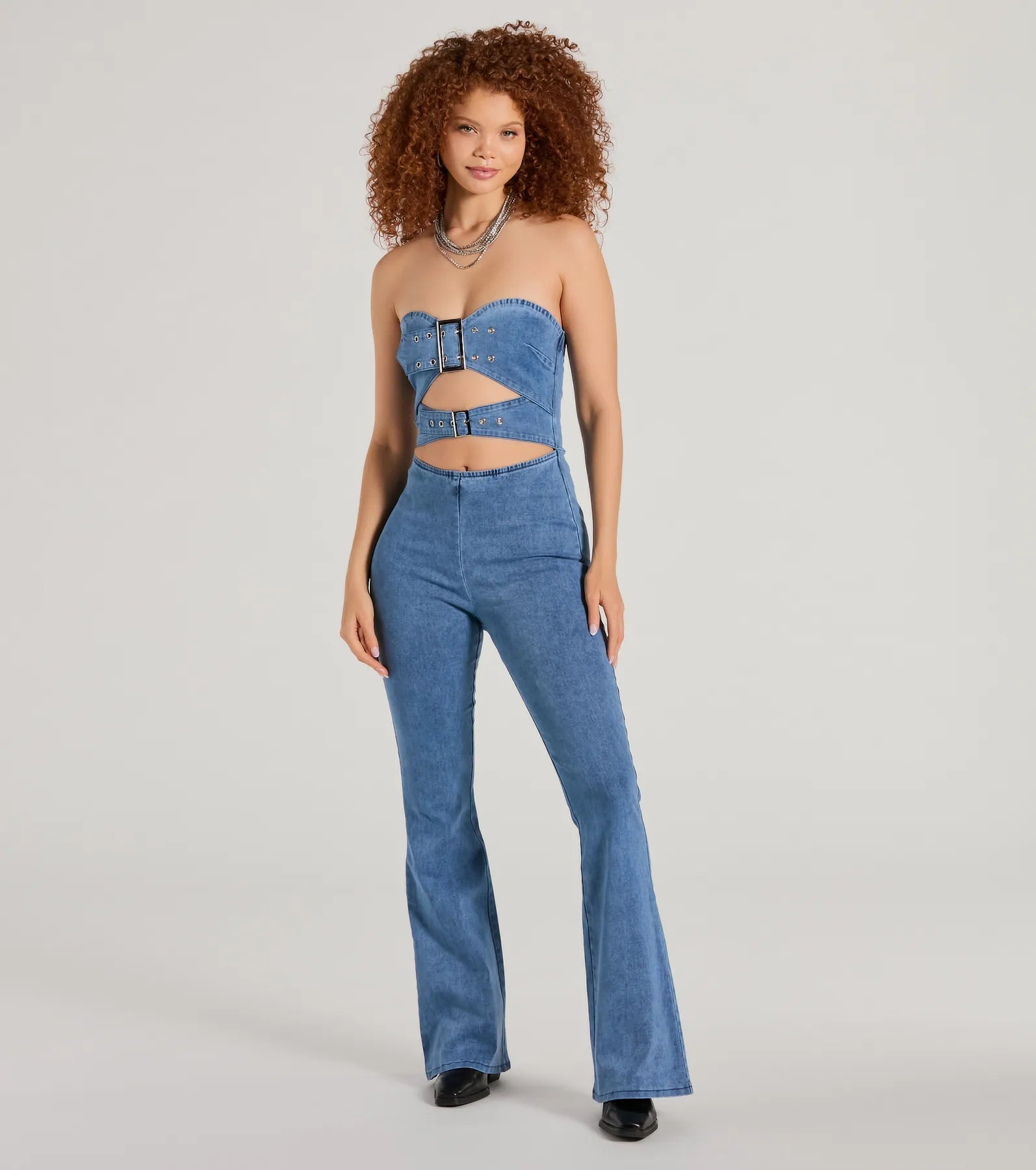 Double The Style Buckle Cutout Flare Denim Jumpsuit