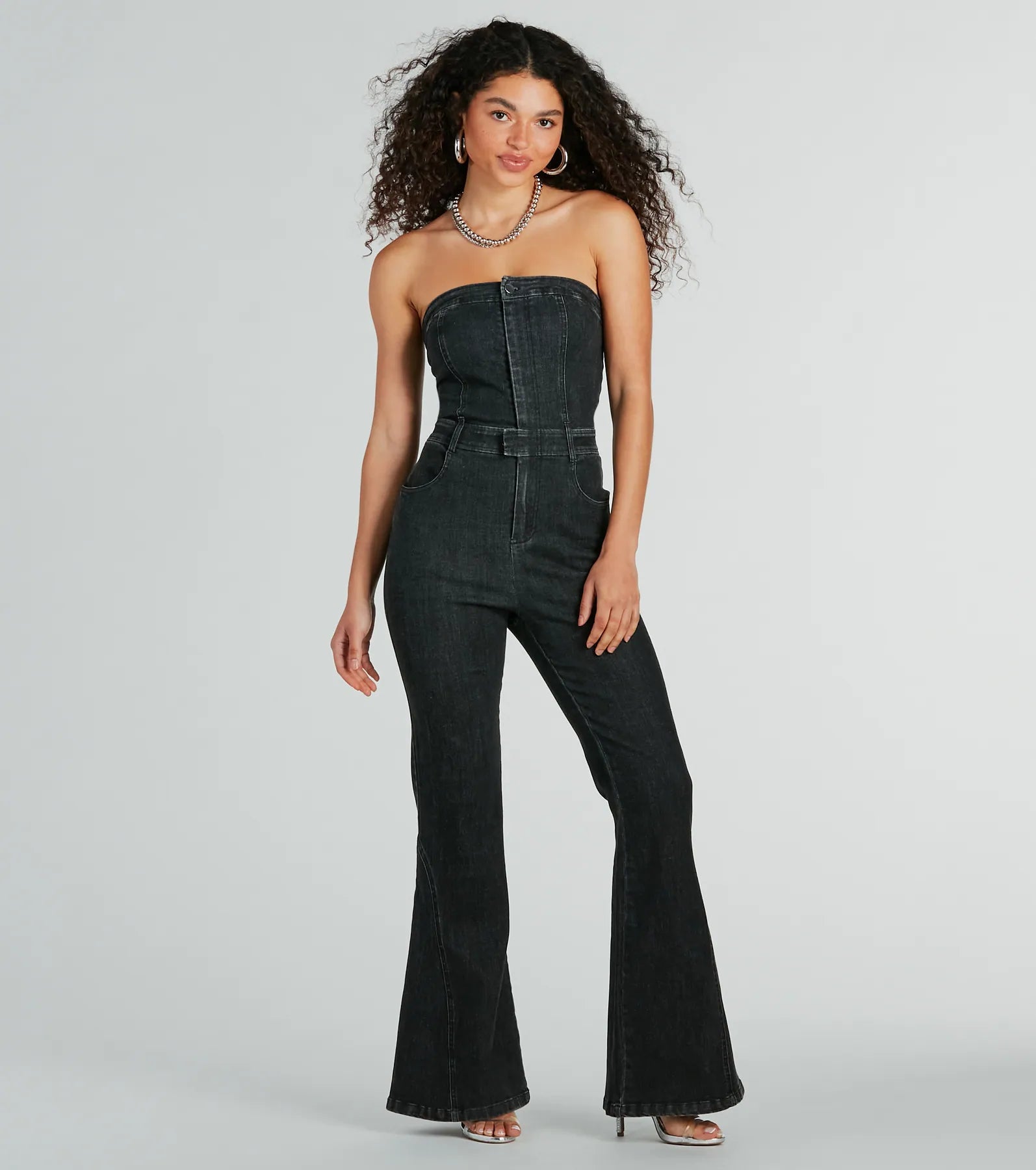 Flirty Retro Strapless Flare Denim Jumpsuit