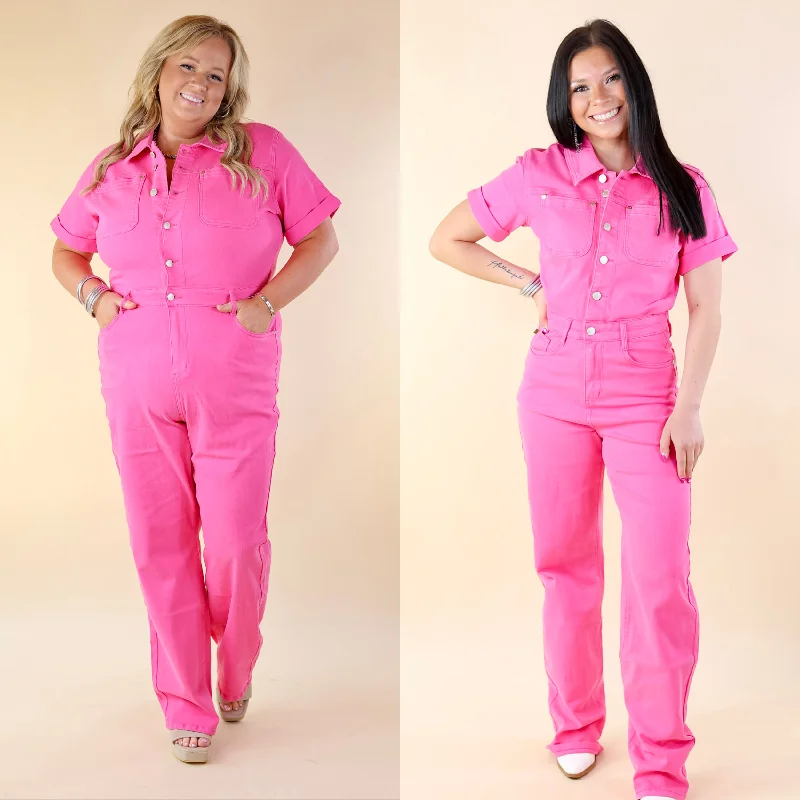 Judy Blue | New To The City Short Sleeve Denim Jumpsuit in Hot Pink