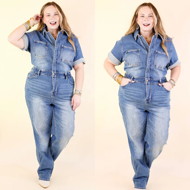 Judy Blue | New To The City Short Sleeve Denim Jumpsuit in Medium Wash