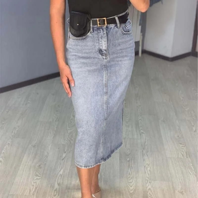 Long Denim Skirt Women Vintage High Waist Jeans Skirt with Belt