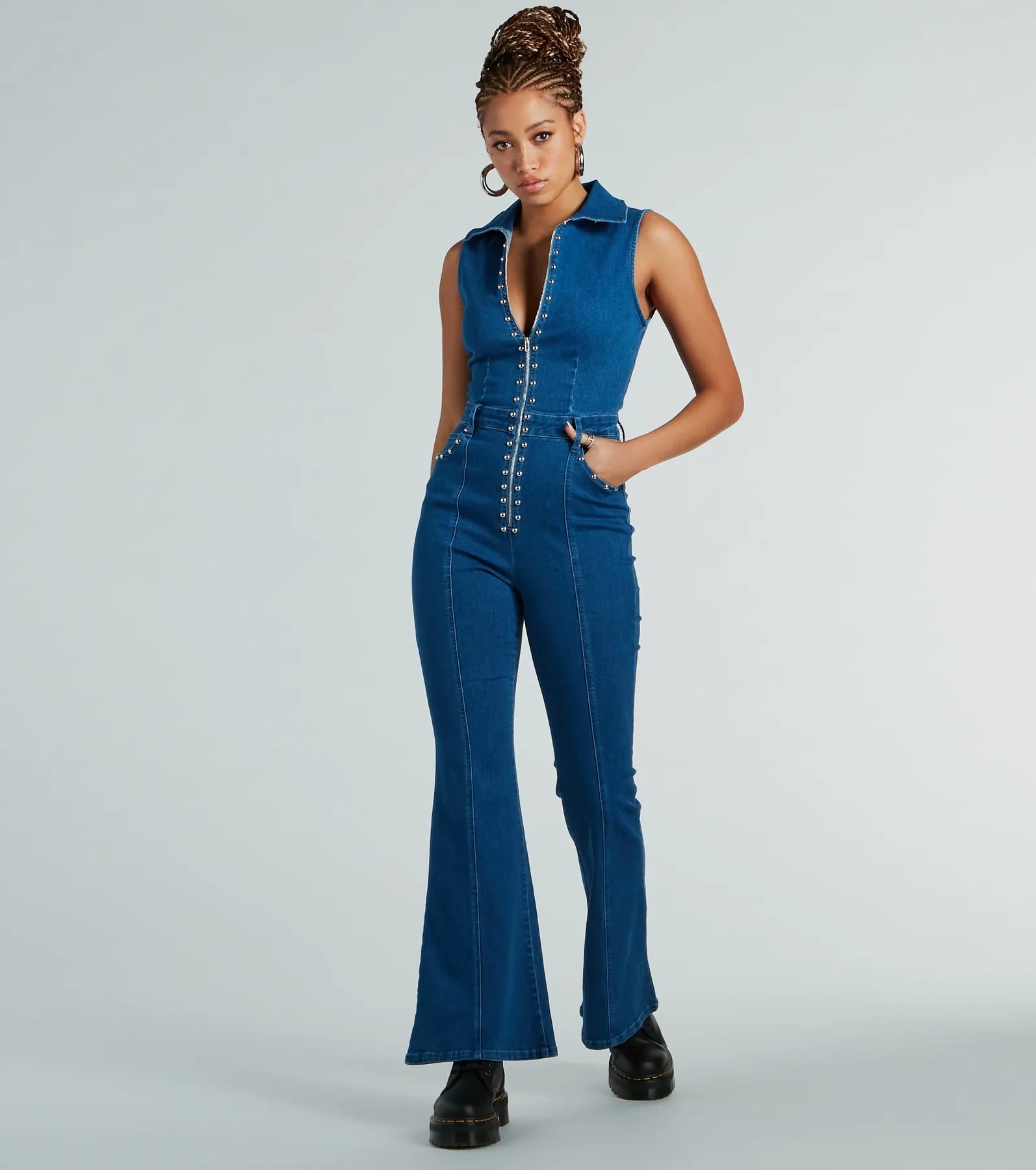 Retro Attitude Studded Flared-Leg Denim Jumpsuit