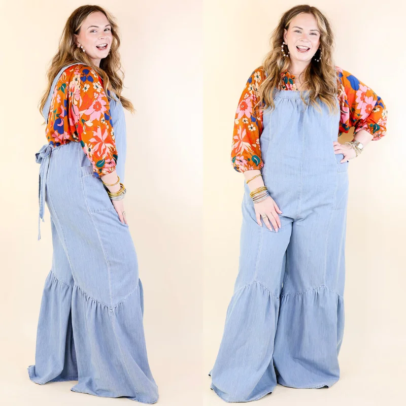 Vintage Vibes Denim Jumpsuit with Tie Straps in Light Wash