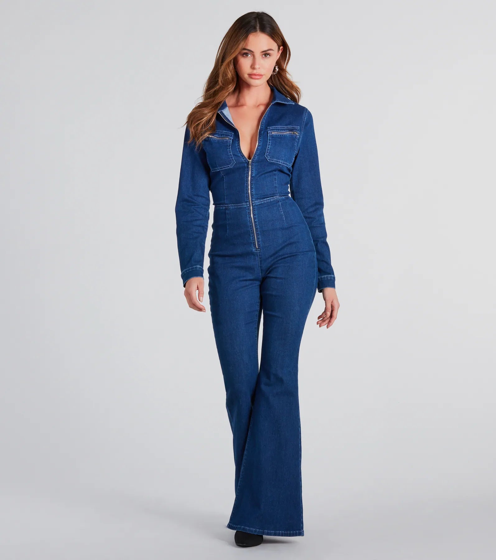 You've Got Flare Long Sleeve Denim Jumpsuit