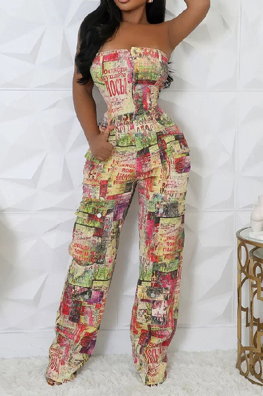 Colorful Newspaper Print Strapless Multi Pocket Denim Jumpsuit