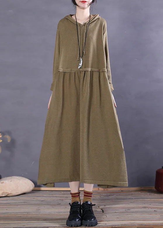 Unique Grass Green Hooded Pockets Knit Party Dress Spring