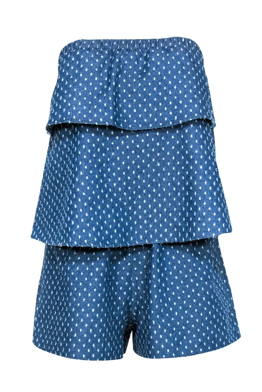 Club Monaco - Blue Chambray Polka Dot Embossed Tiered Strapless "Leele" Romper Sz 2