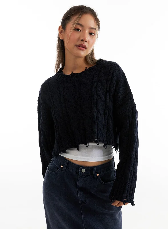 Distressed Cable Knit Crop Sweater CO313