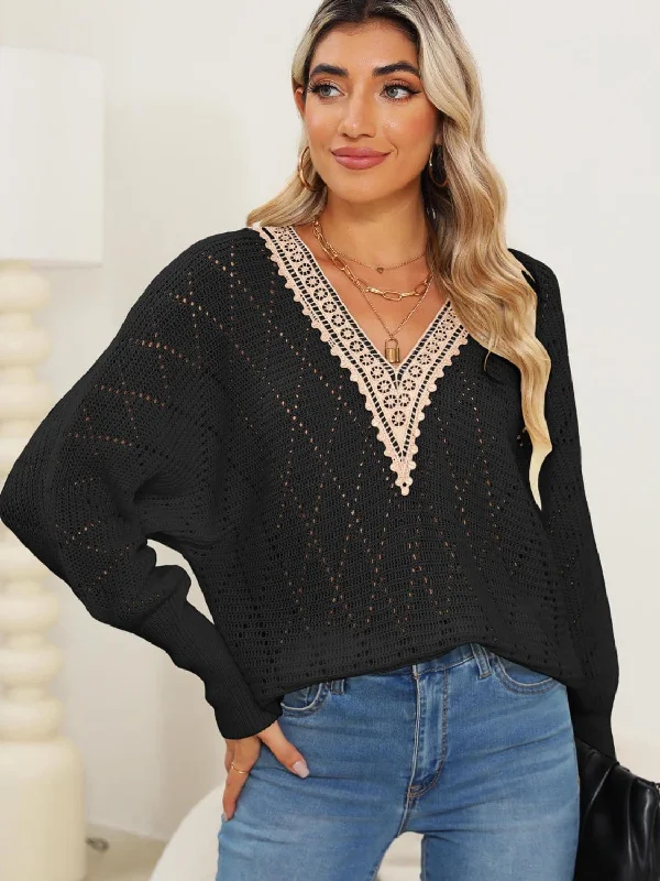 Lace v-neck long sleeve sweater