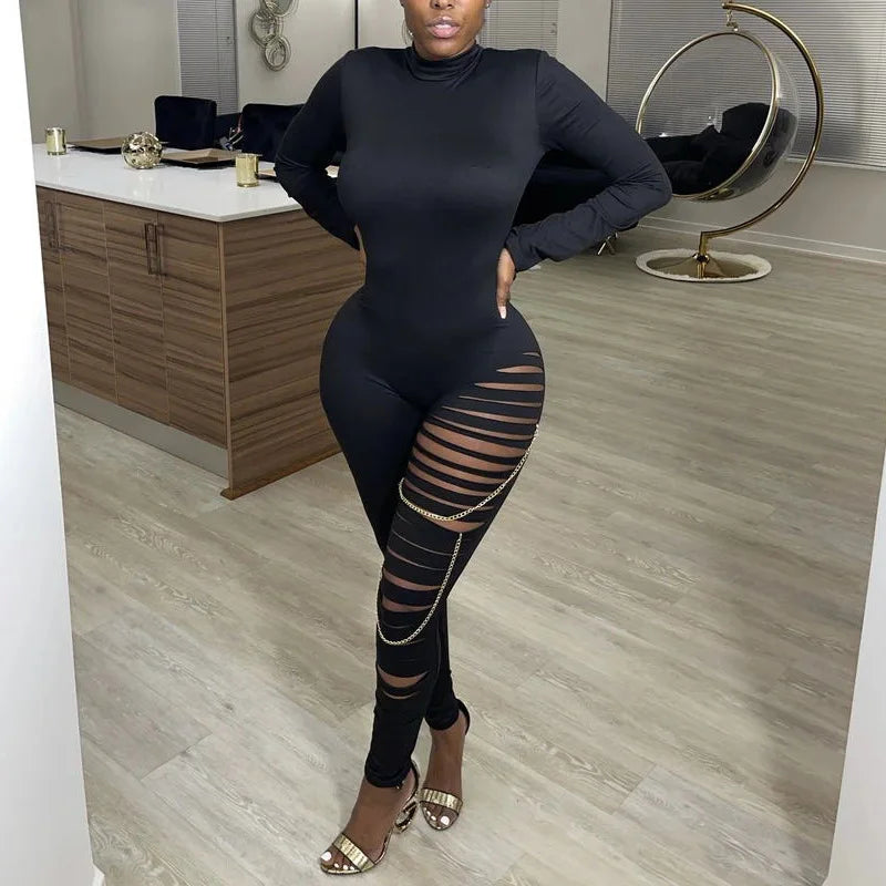 Sexy Black Long Sleeve Chain Bodycon Jumpsuits