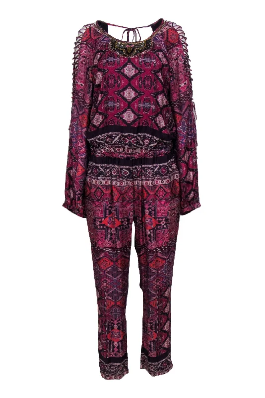 Twelfth Street by Cynthia Vincent - Purple Bohemian Print Jumpsuit w/ Beaded Neckline Sz L