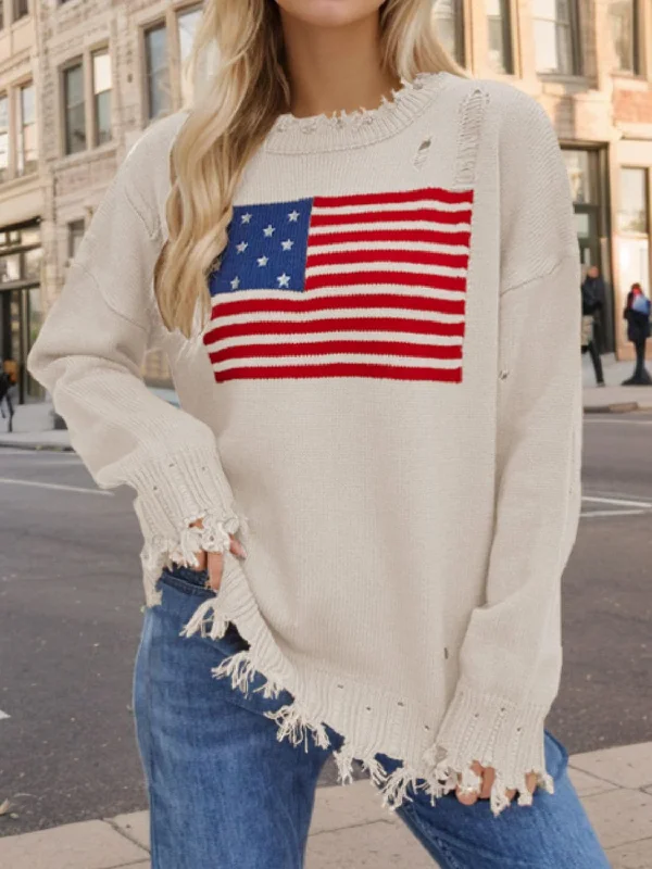 Distressed US Flag Sweater - Acrylic, Long Sleeve, Round Neck